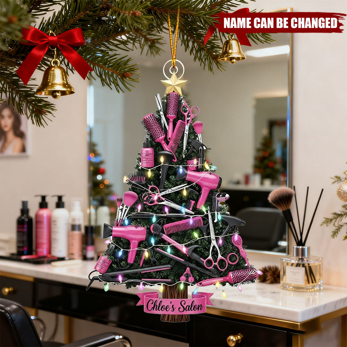 Personalized Hair Salon Tool Christmas Tree Acrylic 3D Effect Ornament With Name - Birthday Gift For Stylist & Hairdresser