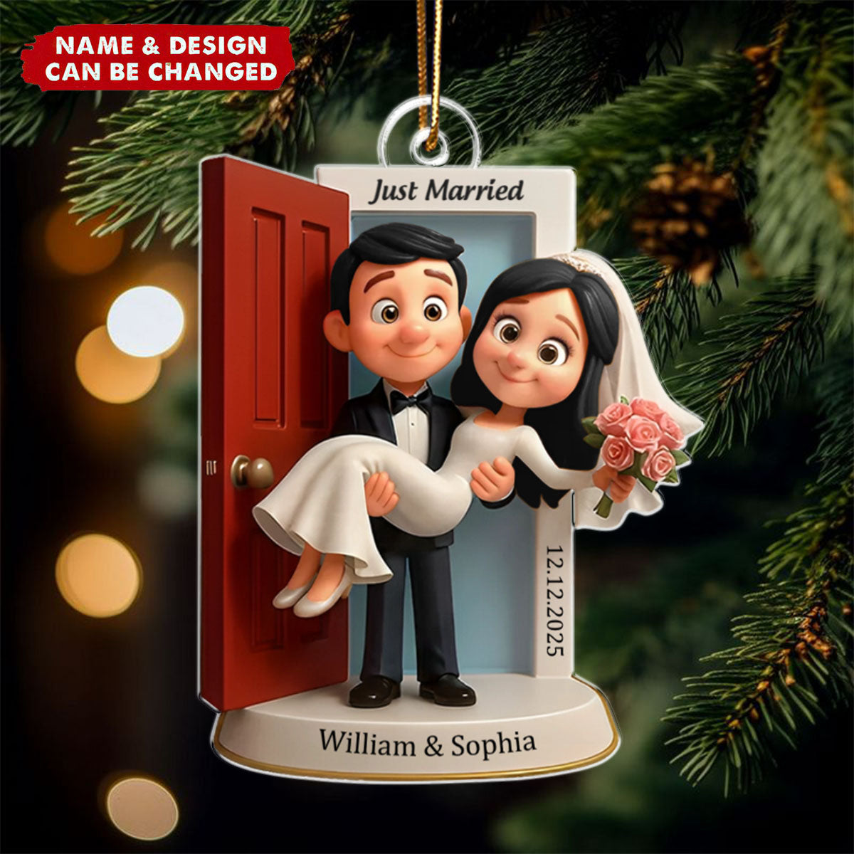 Personalized Wedding Couple Threshold Ornament With Design Names And Date,Romantic "Our First Christmas Married" Gift For Newlyweds