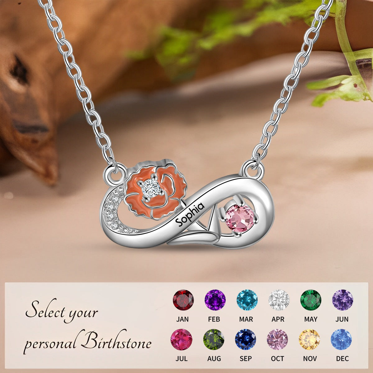 Personalised Month Birthflower Necklace With Birthstone,Mother's Day Gift
