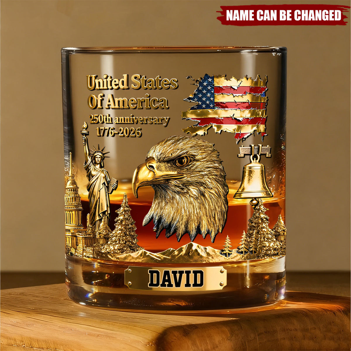 Personalized 250th Anniversary Vintage Style Whiskey Glass With Name & Bald Eagle Design - Unique Independence Day Gift For Men & Veterans