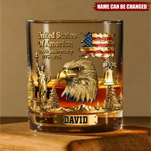 Personalized 250th Anniversary Vintage Style Whiskey Glass With Name & Bald Eagle Design - Unique Independence Day Gift For Men & Veterans