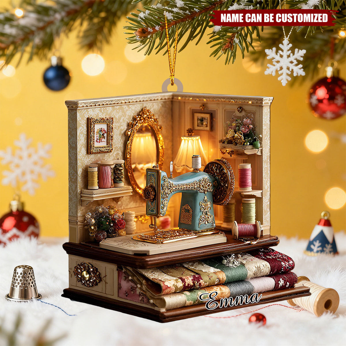 Personalized Vintage Sewing Room Diorama 3D Effect Ornament With Name - Christmas Gift | Keepsake For Seamstresses Mom & Grandma