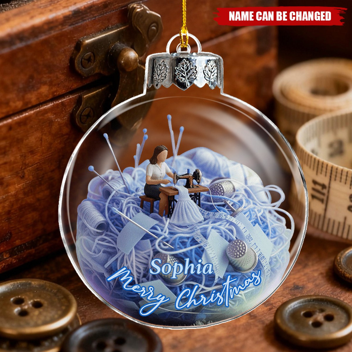 Personalized Love Sewing Clear Ornament With Name - Unique Christmas Decor For Crafter Seamstress Tailor