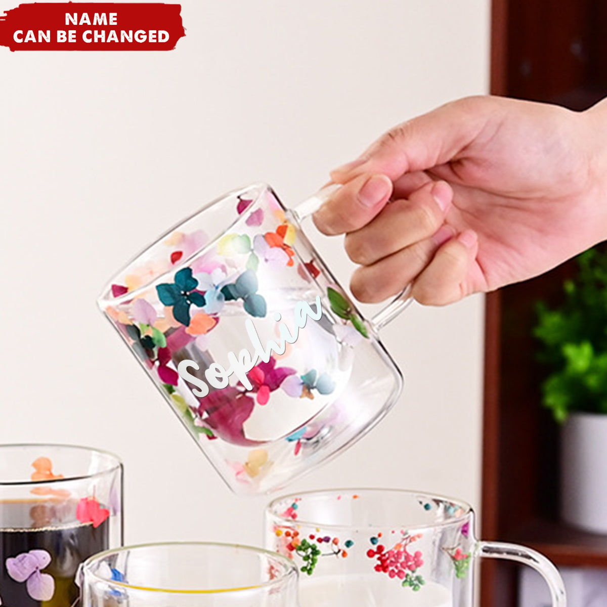 Insulated Layer Dried Flowers Double Wall Glass Personalized Coffee Mugs