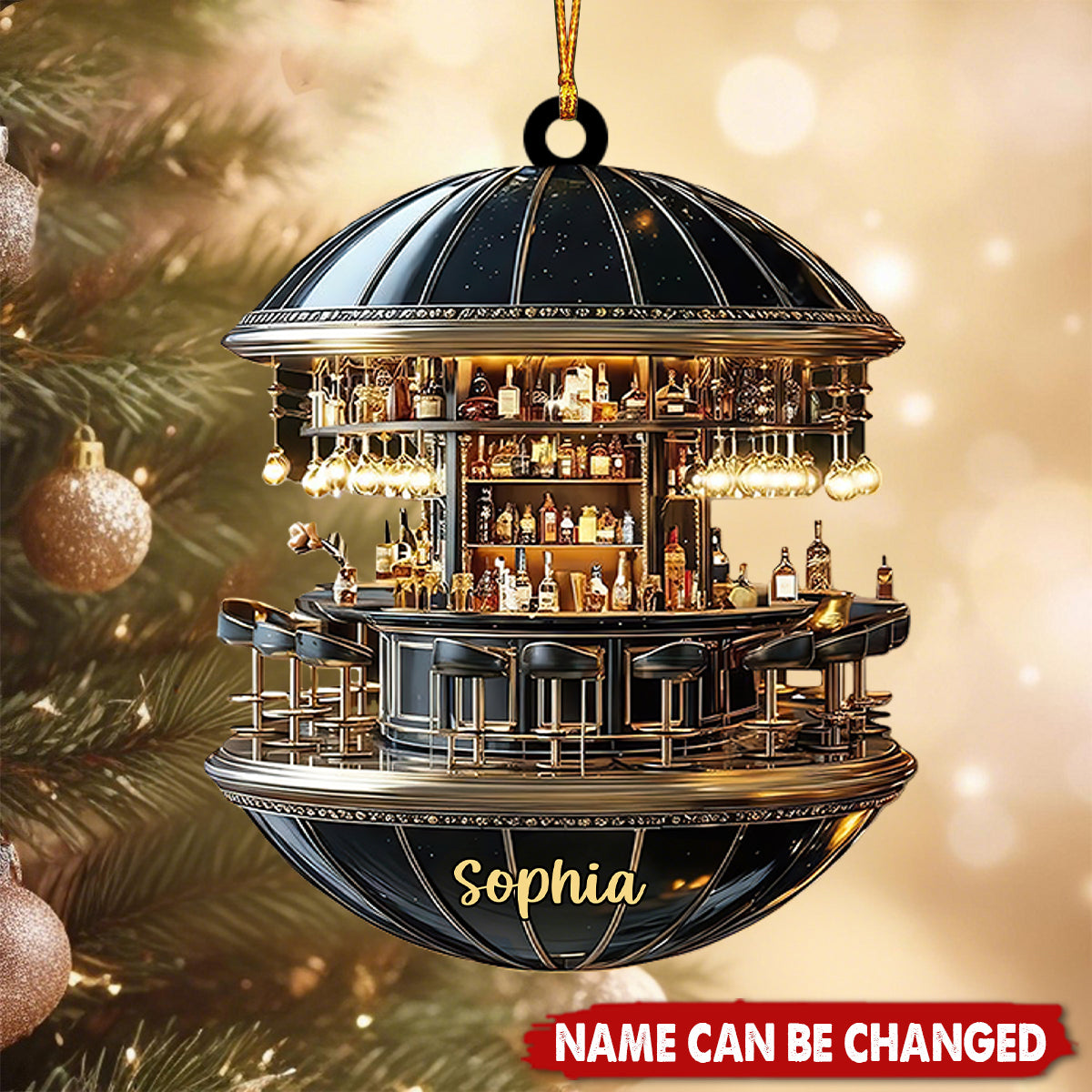 Personalized Retro Lounge Miniature Round Bar 3D Effect Ornament With Name - Christmas Gift For Mixologists And Home Bar Owners