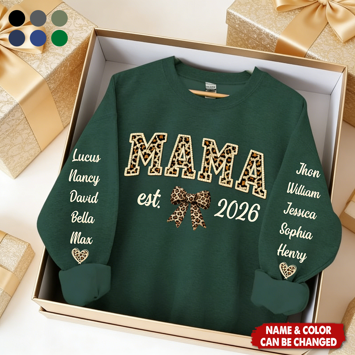 Personalized Leopard MAMA Sweatshirt With 1-10 Kids Names & Color & Year | Cozy "Heart Full of Love" Mother's Day Gift For Mom Grandma