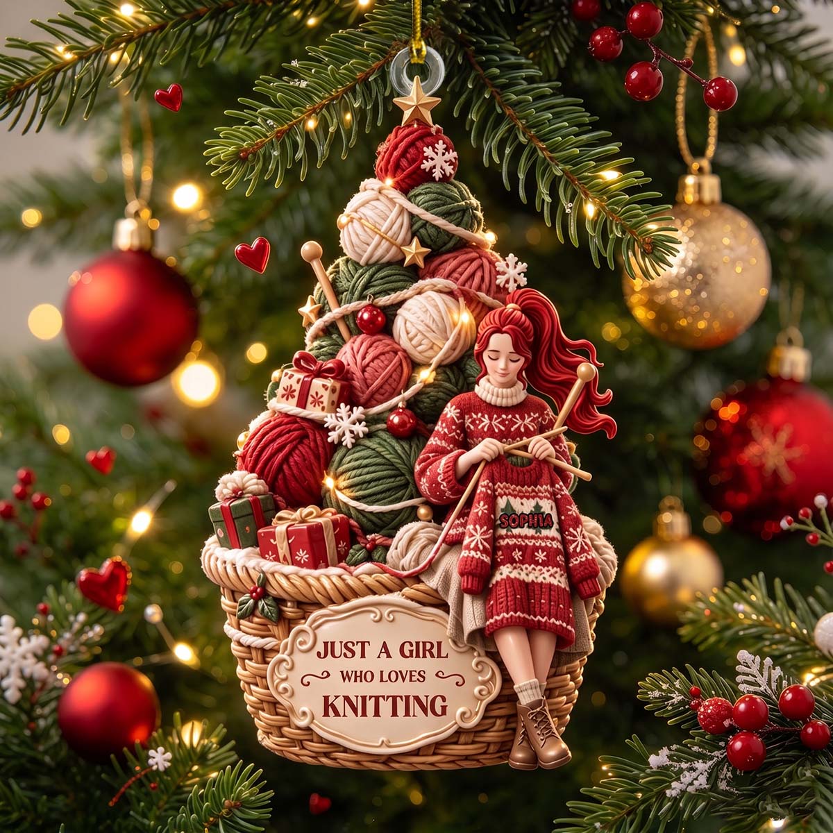 Balls Of Yarn Girl Christmas Ornament - Personalized Gifts For Knitting Lovers