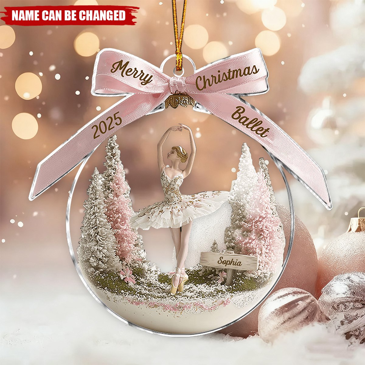 Personalized Awesome Ballet Ornament With Name on Fairy Pink Winter Scene Dreamy Christmas Gift For Ballerina & Ballet Lovers