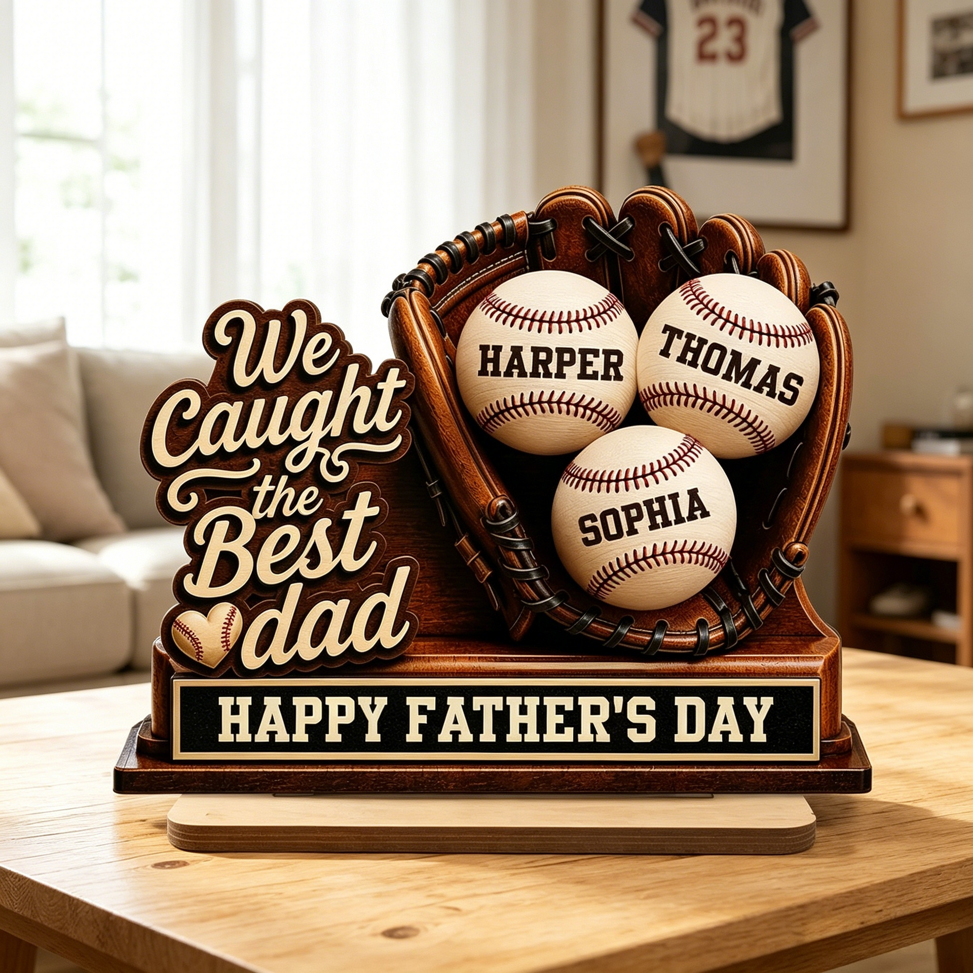Personalized 2-Layer Baseball Wooden Plaque With 1-6 Names | Father's Day Gift For Baseball Dads