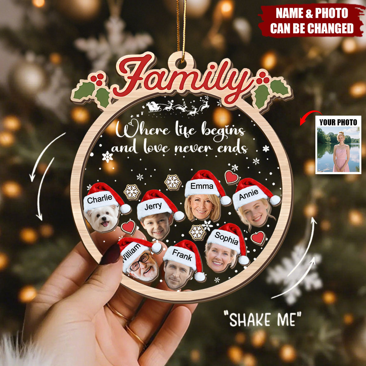 Personalized Family Face Shaker Christmas Ornament With Names & Photos,Family Fun Shaker Christmas Gift