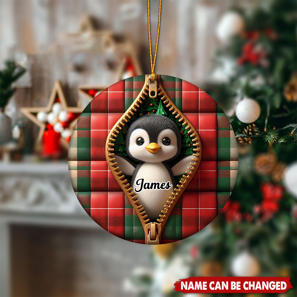 Personalized Cute Zipper Plaid Penguin Ceramic Christmas Ornament With Name & Jacket Design - Funny Christmas Gift For Family Kids