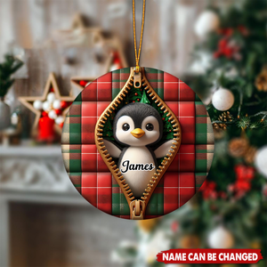 Personalized Cute Zipper Plaid Penguin Ceramic Christmas Ornament With Name & Jacket Design - Funny Christmas Gift For Family Kids