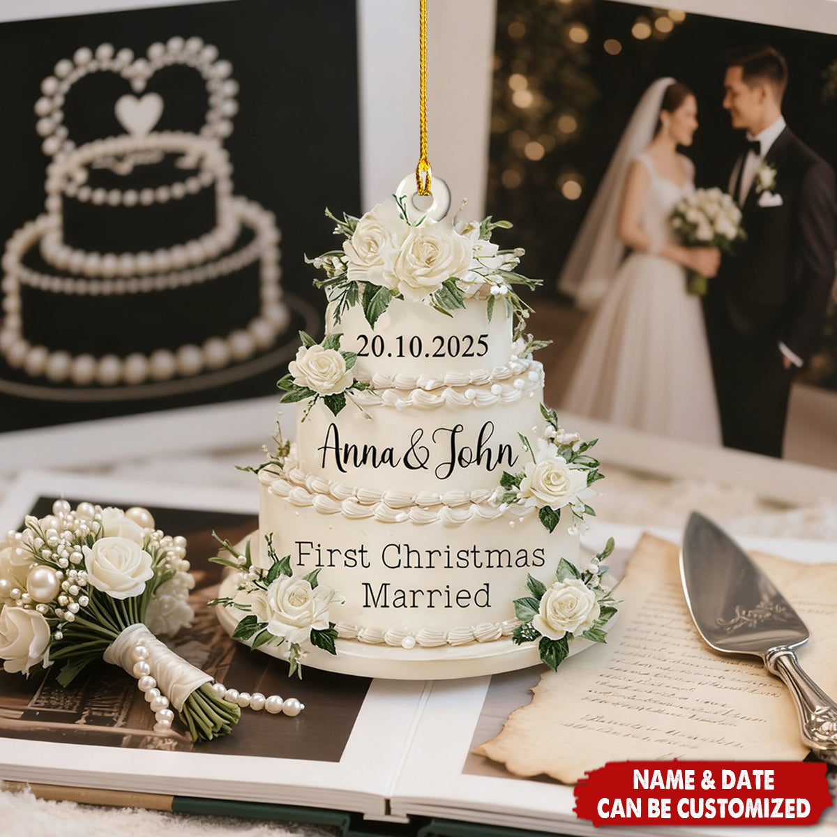 Personalized Wedding Cake "First Christmas Married" Ornament With Names & Date Unique Christmas Anniversaries Gift For Newlyweds And Couple