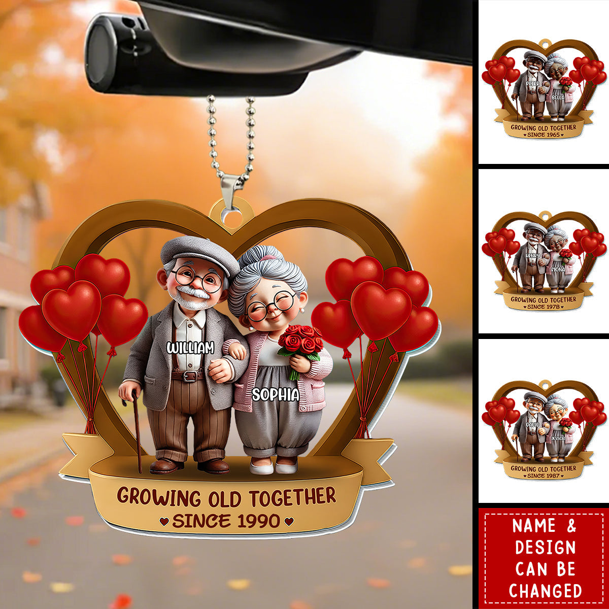 Personalized "Growing Old Together" Old Couple With Heart Balloons Ornament With Icon & Name - Anniversary Valentine's Day Gift For Couples