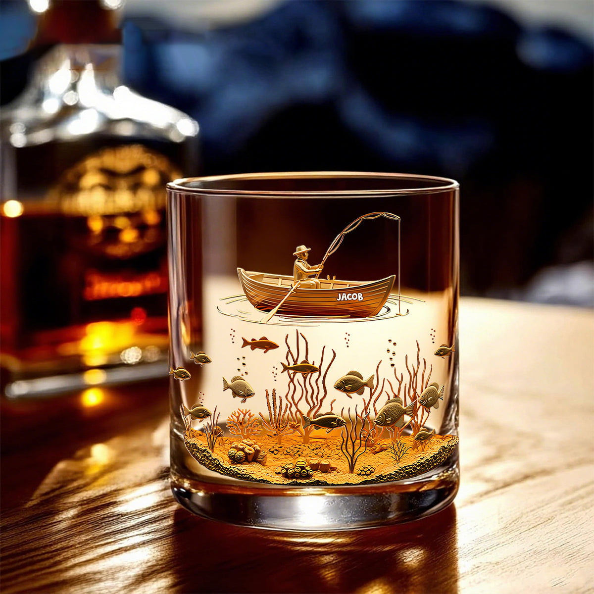 Personalized Fishing Scene Whiskey Glass With Name,Thoughtful Birthday Gift for Dad Husband Fishing Lovers