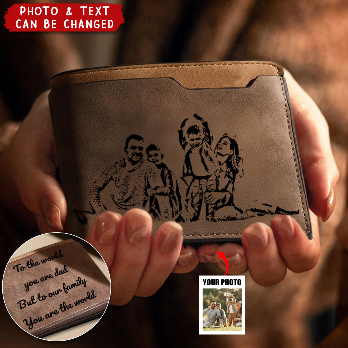 Personalized Engraved Photo Leather Short Wallet For Men Father's Day Gift