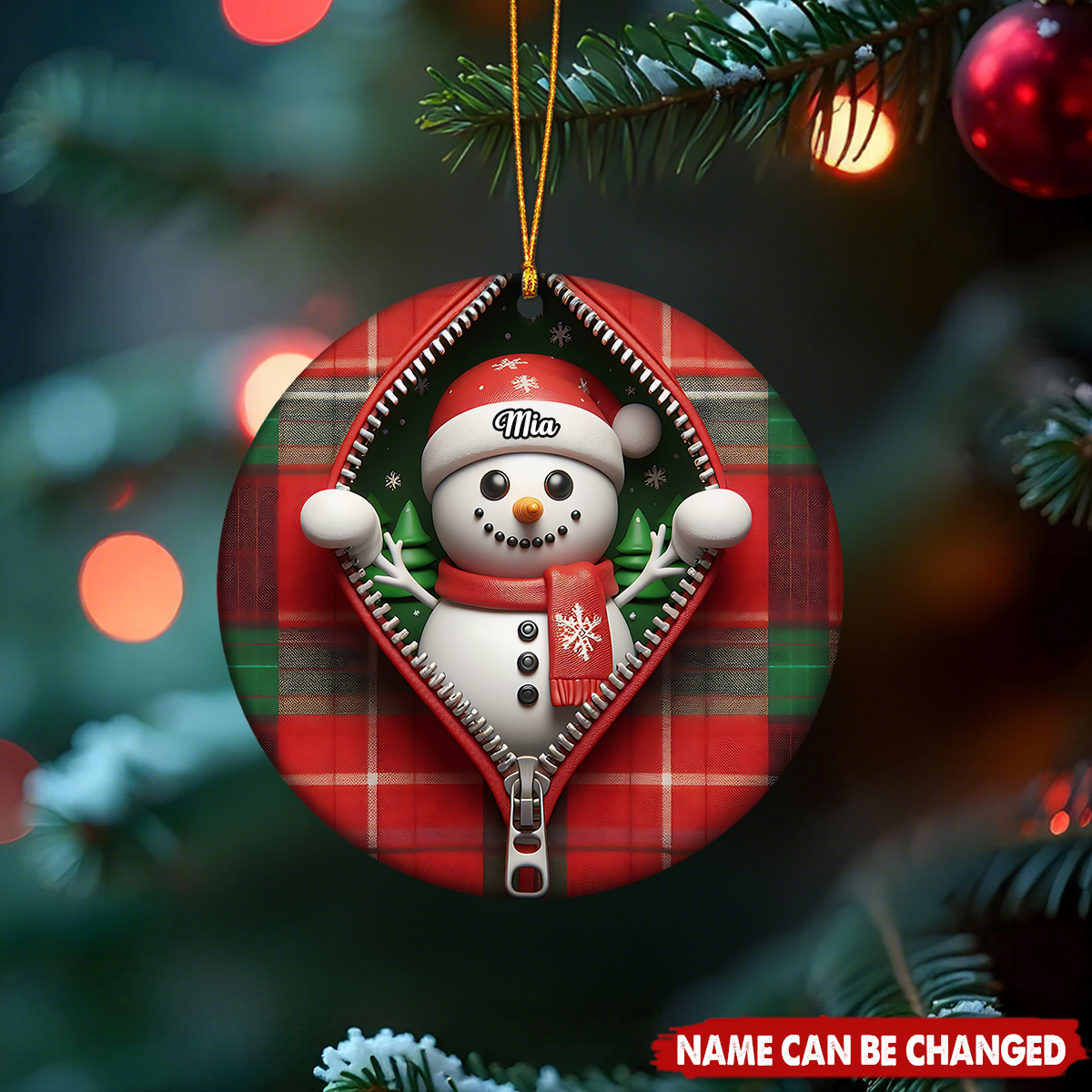 Personalized Funny Zipper Plaid Snowman Ceramic Ornament With  Name & Jacket Design - Cute Xmas Decor For Family Friend