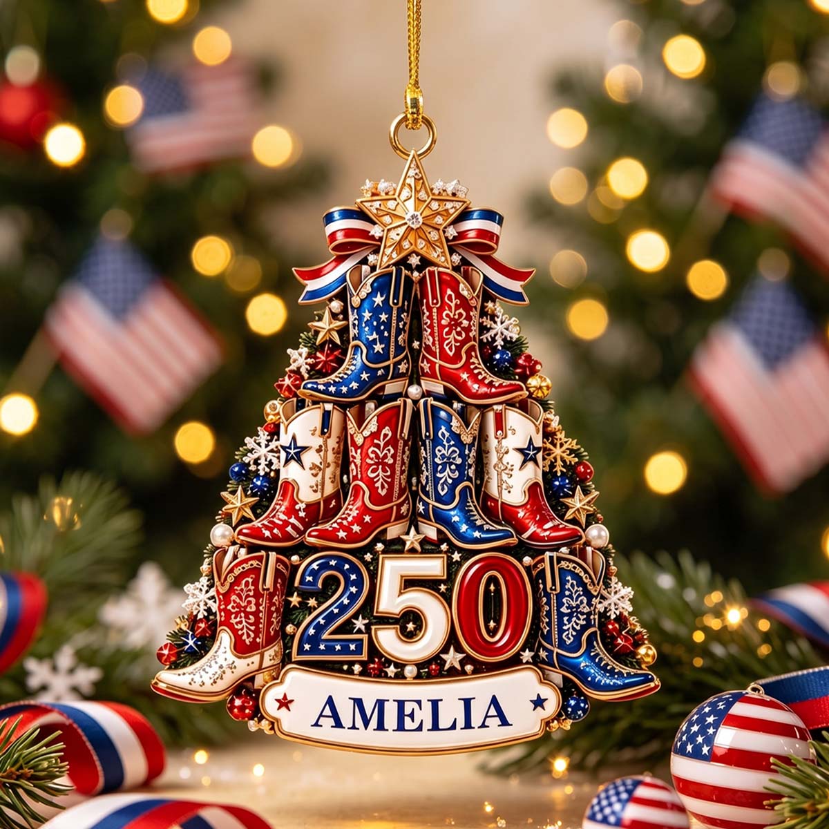 USA 250th Anniversary Cowboy Boots Christmas Tree - Personalized Acrylic Ornament