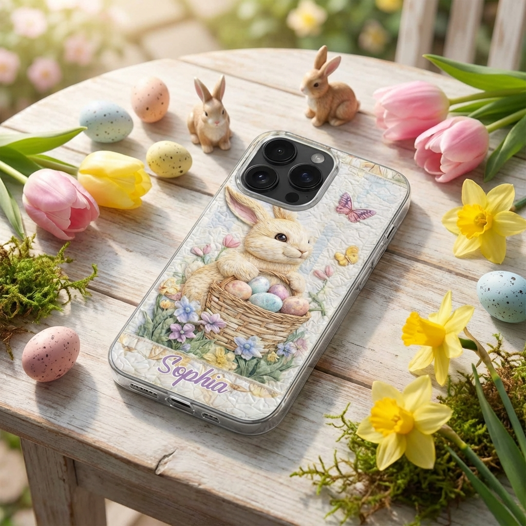 Personalized Cute Bunny Easter Basket Phone Case With Name, Gift For Kids and Bunny Lovers