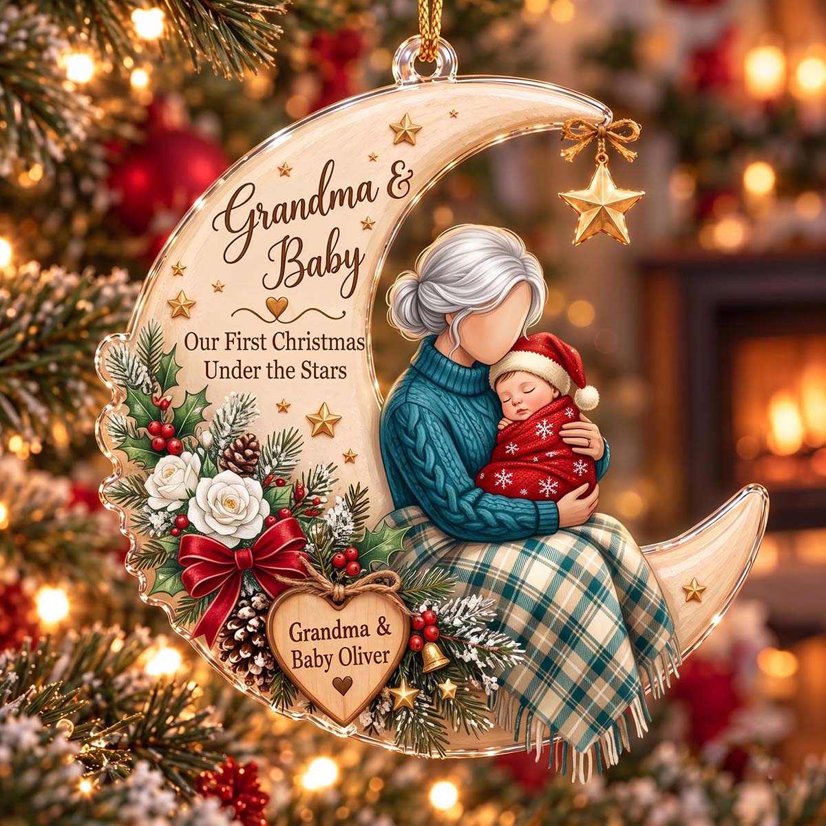 Personalized Grandma & Baby Moon Acrylic Ornament | Christmas Gift For Grandma New Baby
