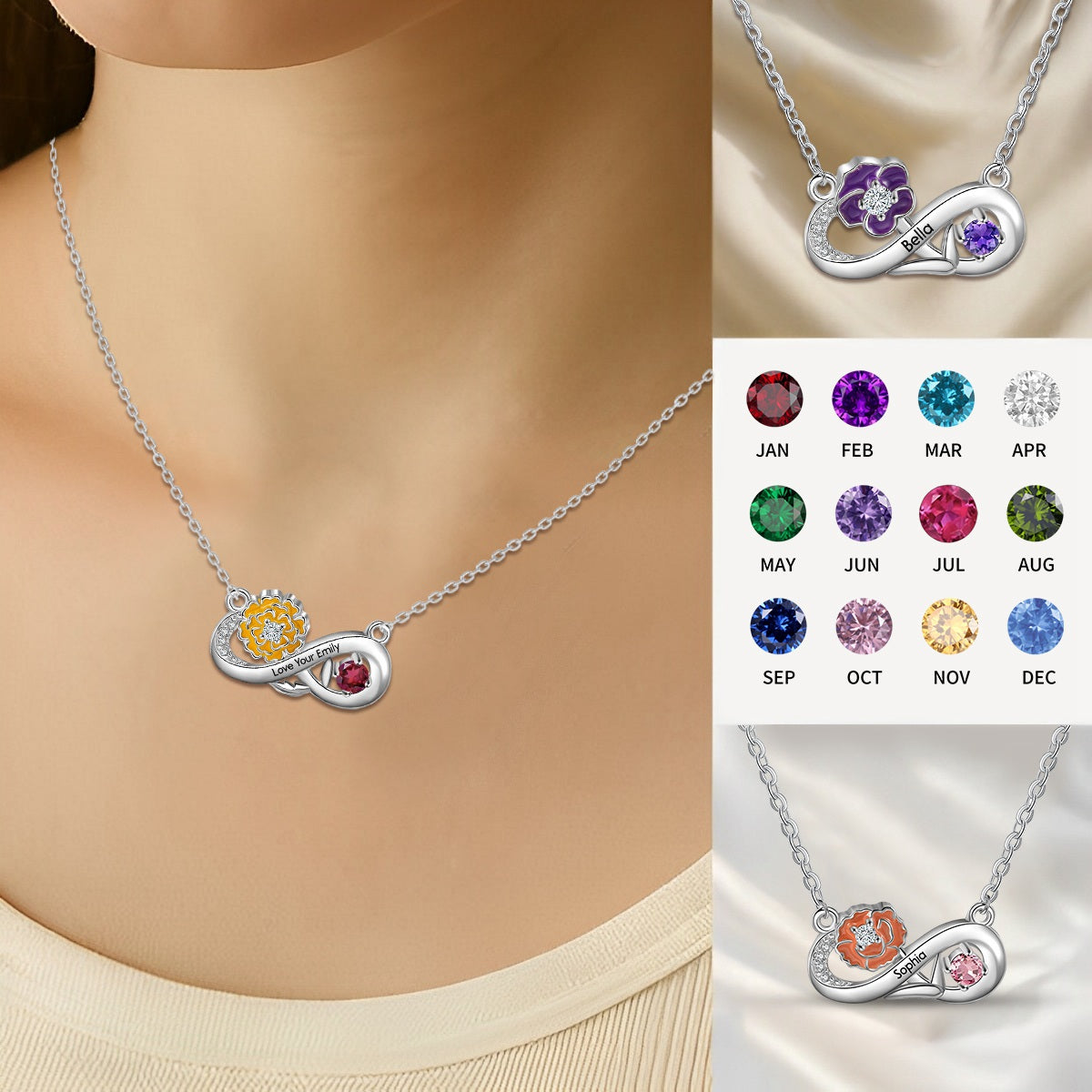Personalised Month Birthflower Necklace With Birthstone,Mother's Day Gift