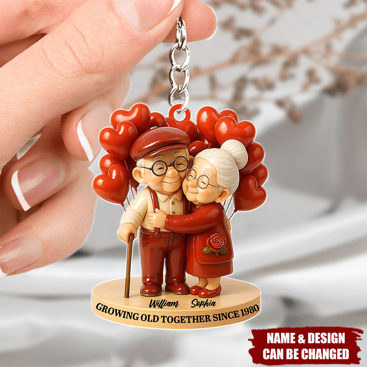Personalized "Growing Old Together" Acrylic Keychain With Icons & Names & Year | Creative Anniversary Valentine's Day Gift For Grandparents & Couples