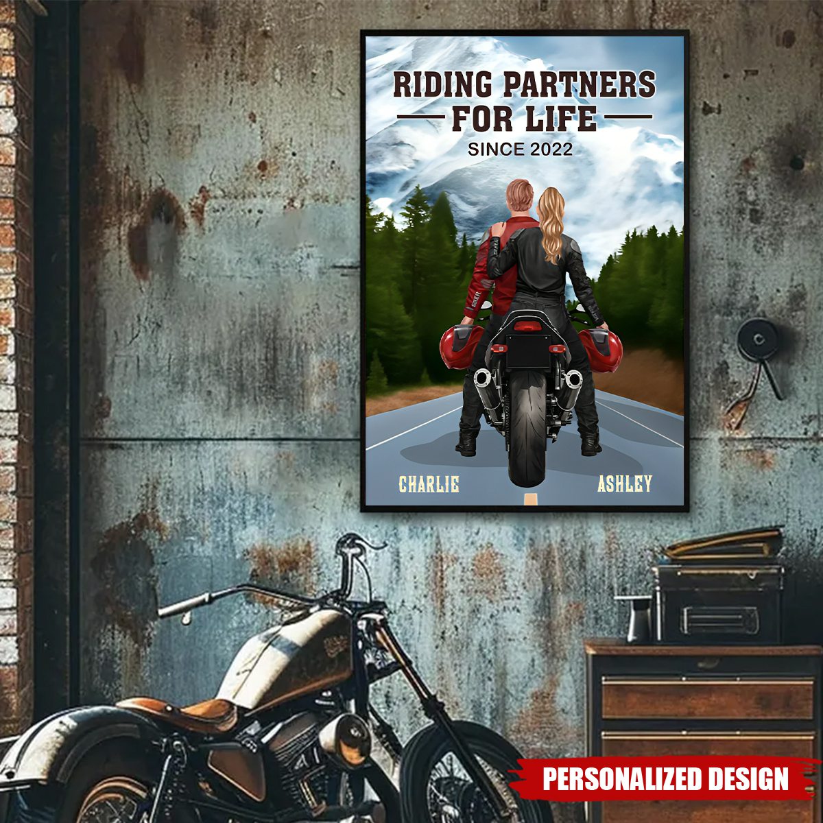Personalized Couple Bikers Wall Art Poster With Names & Icons - Romantic Anniversary Valentine's Day Gift For Motorcycle Lovers