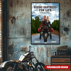 Personalized Couple Bikers Wall Art Poster With Names & Icons - Romantic Anniversary Valentine's Day Gift For Motorcycle Lovers