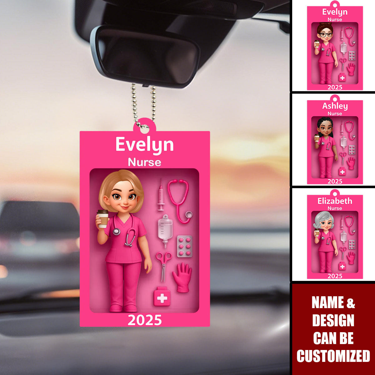 Personalized 3D Effect Pink Nurse In Toy Box Acrylic Ornament With Name & Date &Icons - Nurse Appreciation Gift For Co-worker And Nurse