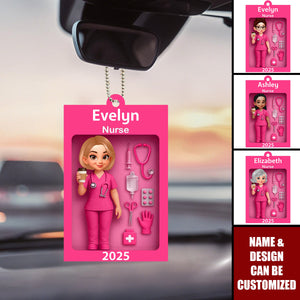Personalized 3D Effect Pink Nurse In Toy Box Acrylic Ornament With Name & Date &Icons - Nurse Appreciation Gift For Co-worker And Nurse