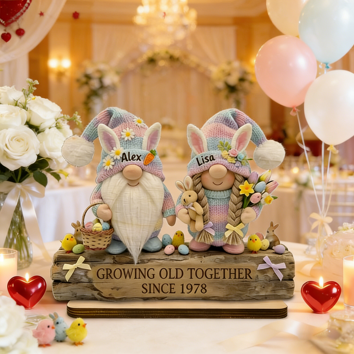 Personalized 3D Effect "Growing Old Together" Wooden Plaque With Names & Year & Design | Easter Spring Gift For Couple