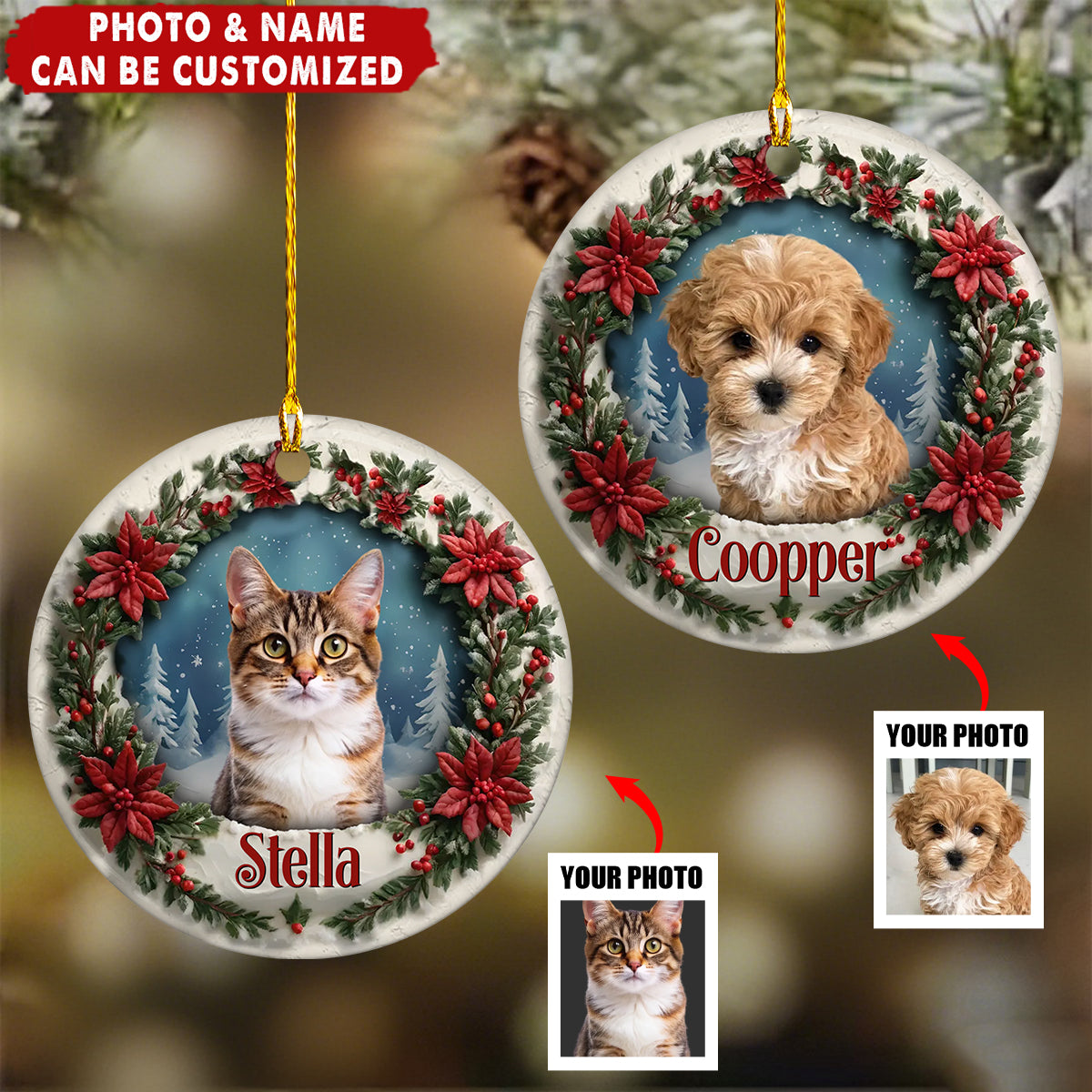 Personalized Pet Memorial Ceramic Ornament With Name & Photo,Custom Christmas Gift For Dog & Cat Lovers