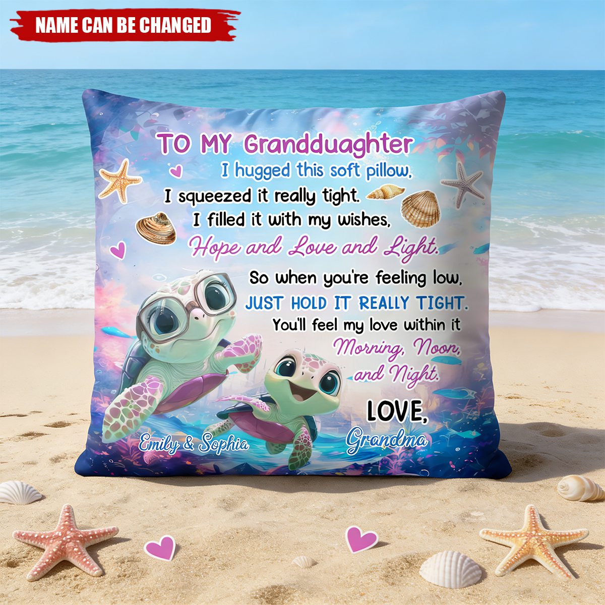 Personalized Cute Sea Shells Turtles Soft Pillow With Names | Unique Nursery Decor Gift For Little Girls & Grandkids
