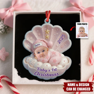 Personalized Baby Sleeping On Shell Ornaments With Name Photo & Year Baby's First Christmas For Family