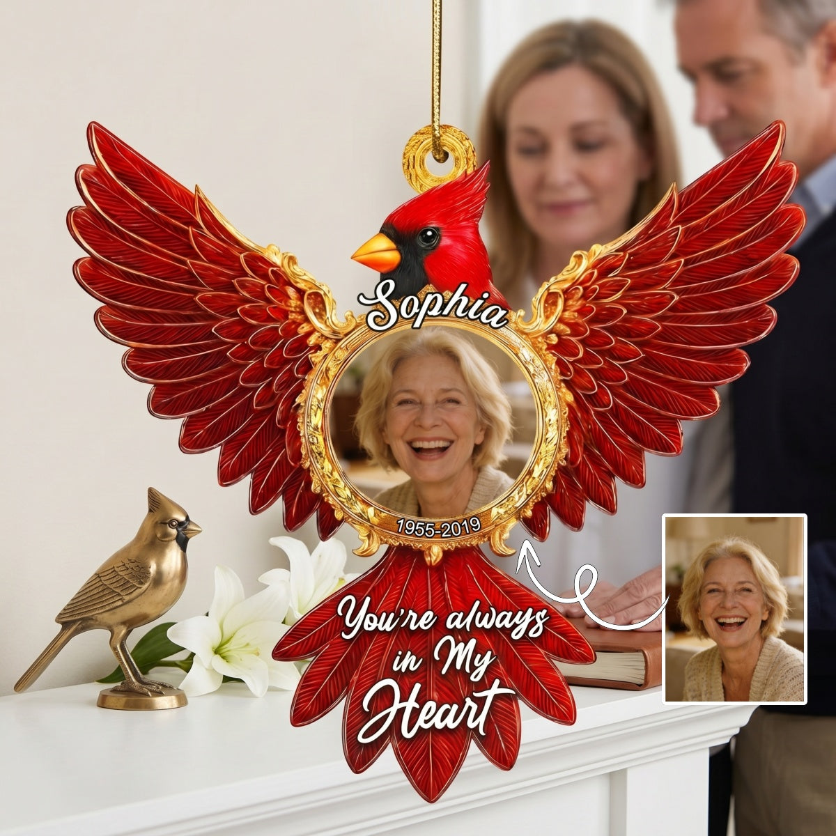 Personalized Photo Loss Of Loved One Memorial Ornament With Cardinal Wings For Christmas Tree Decor