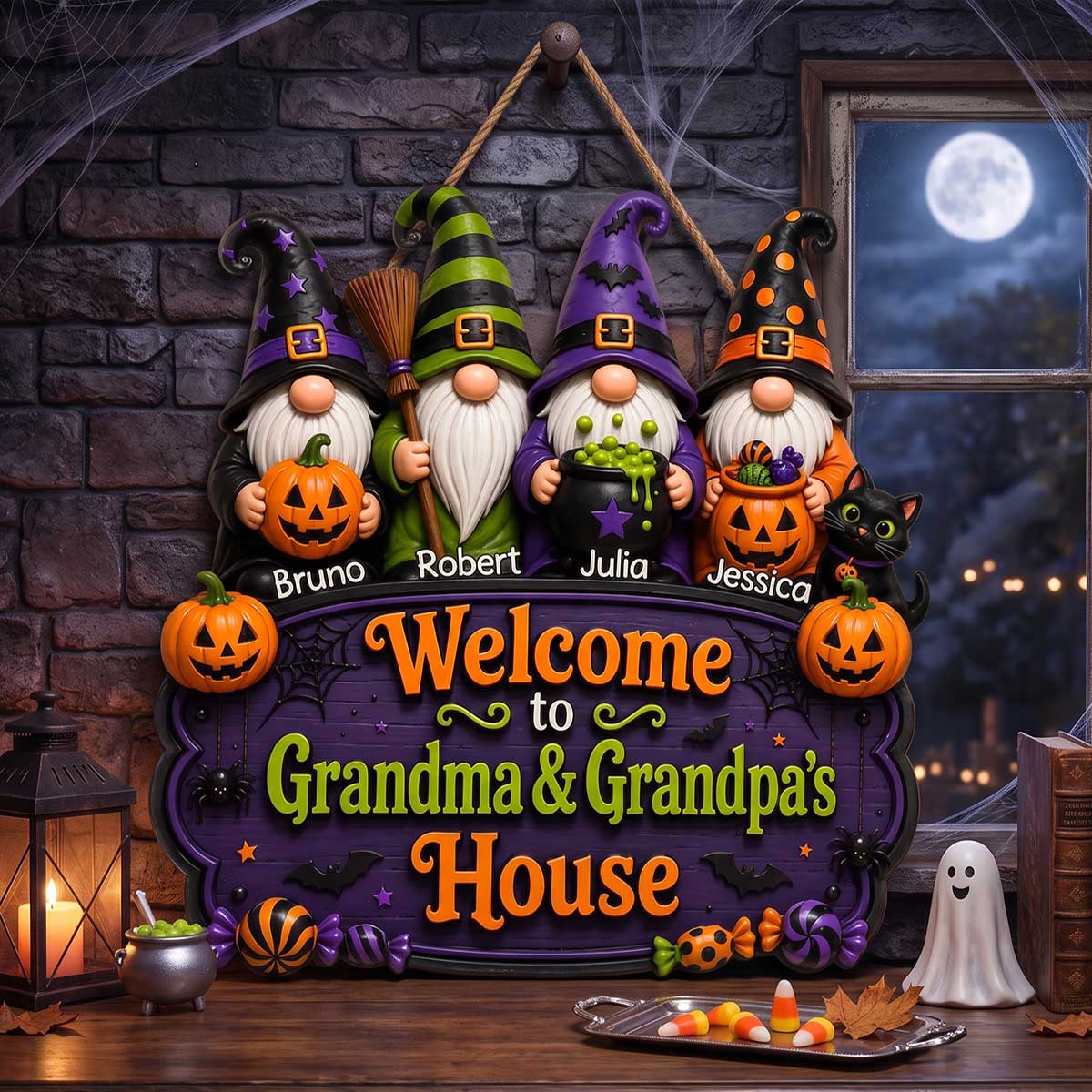 Personalized Wooden Sign With Halloween Gnomes & Pumpkins | Unique Gift For Grandparents