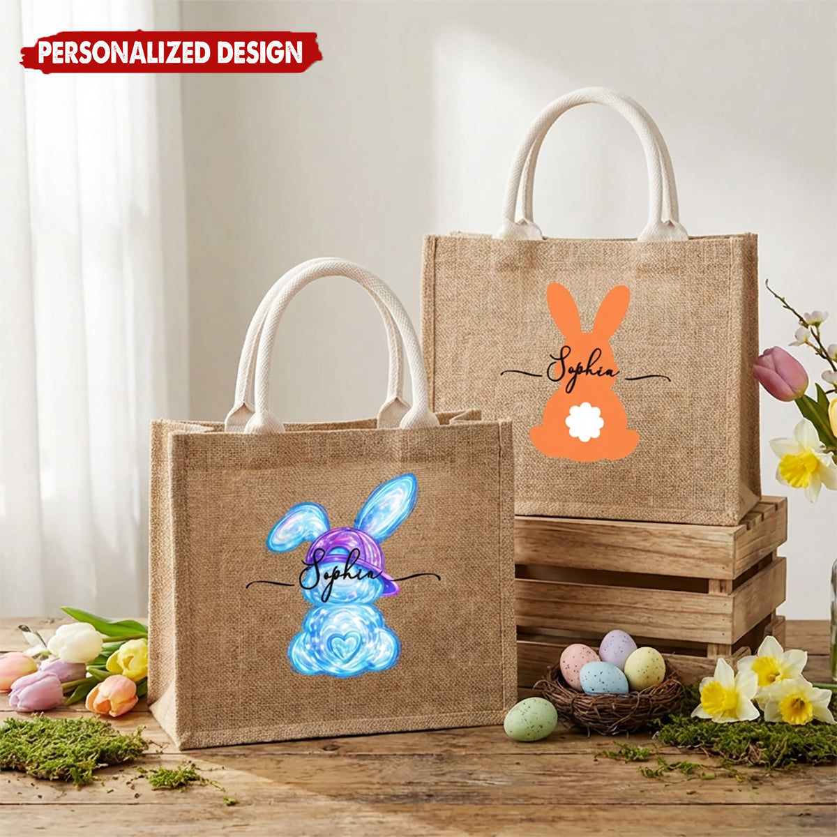 Personalized Easter Bunny Jute Tote Bag With Name - Perfect for Kids Egg Hunts & Spring Celebrations