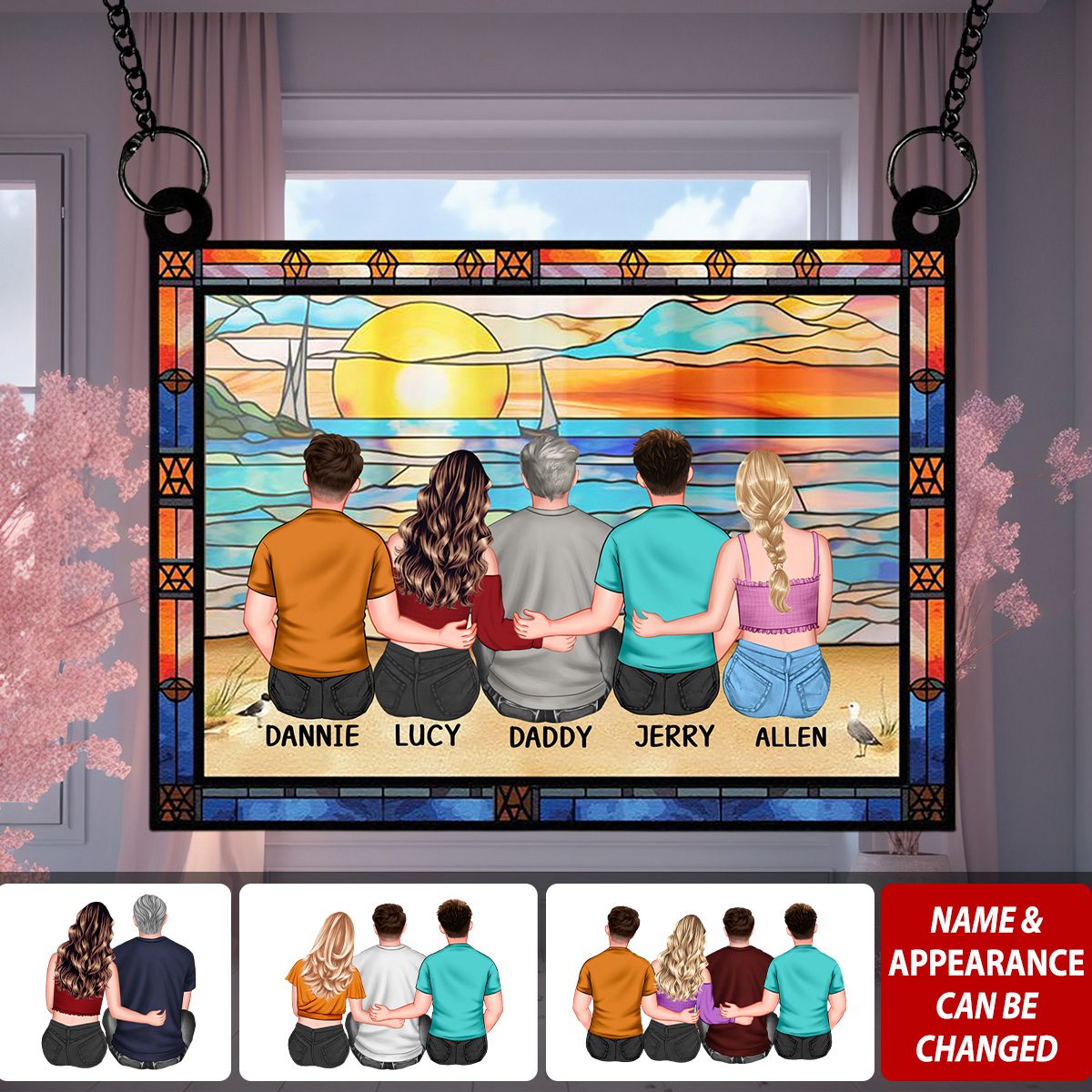 Dad & Children Sitting On The Beach - Personalized Window Hanging Suncatcher Ornament