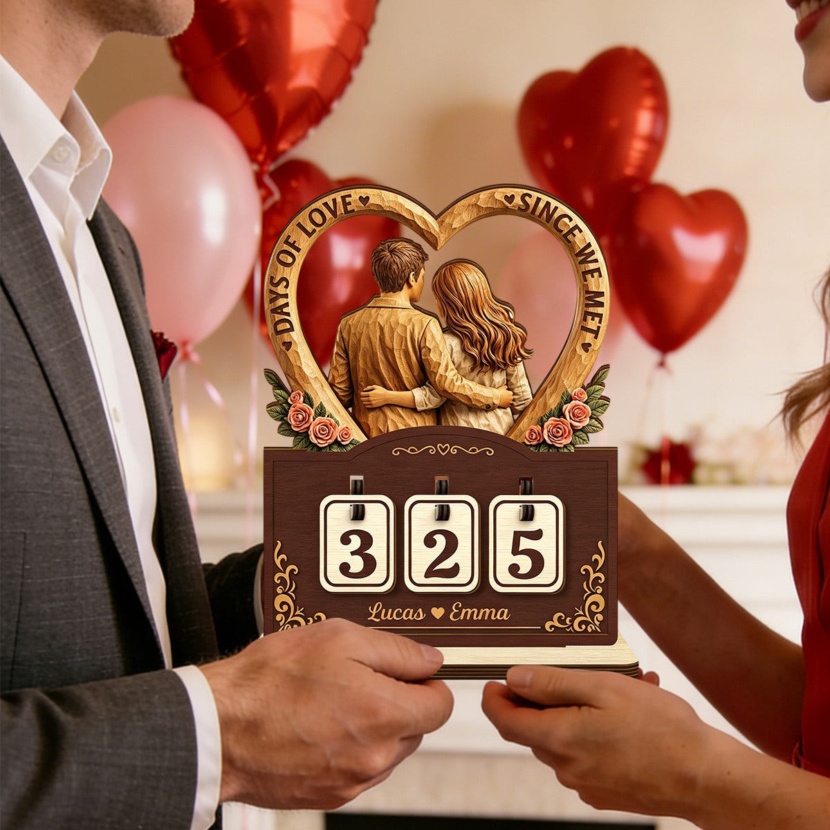 Personalized Names Love Days Tracker Wood Sign With Couple Rose Graphic For Anniversary Gift