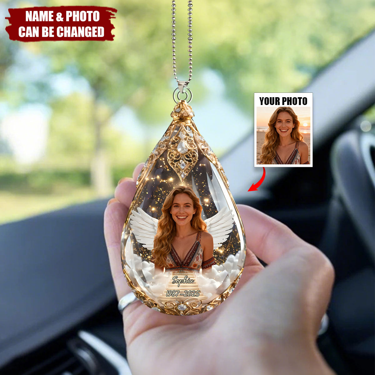 Personalized Stairway to Heaven Photo Car Ornament With Name & Year | Heartfelt Memorial Sympathy Gift For Loss Of Mom Dad