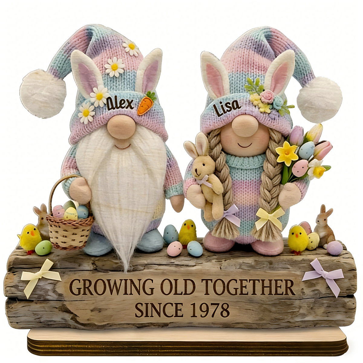 Personalized 3D Effect "Growing Old Together" Wooden Plaque With Names & Year & Design | Easter Spring Gift For Couple