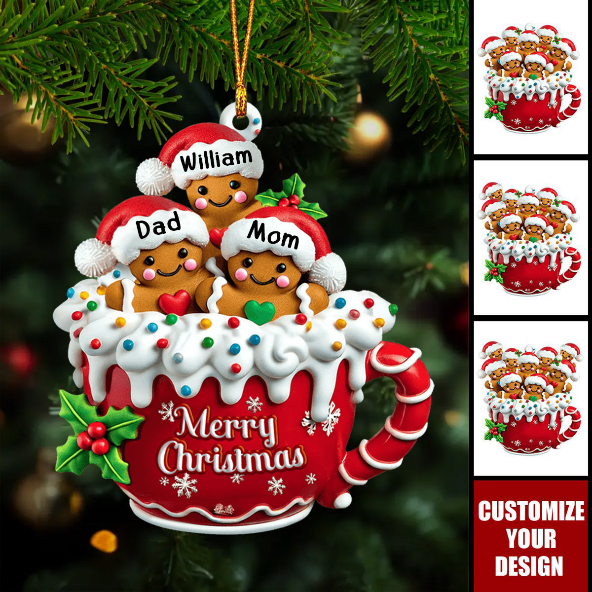 Personalized Gingerbread Family Ornament With 1-10 Names "Put" The Family Into Gingerbread Cups To Welcome Christmas