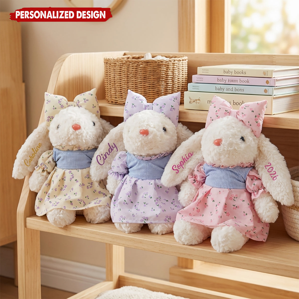 Personalized Floral Dress Bunny Doll Toy With Name & Year - Gift For Baby Shower Birthday Easter For Kids