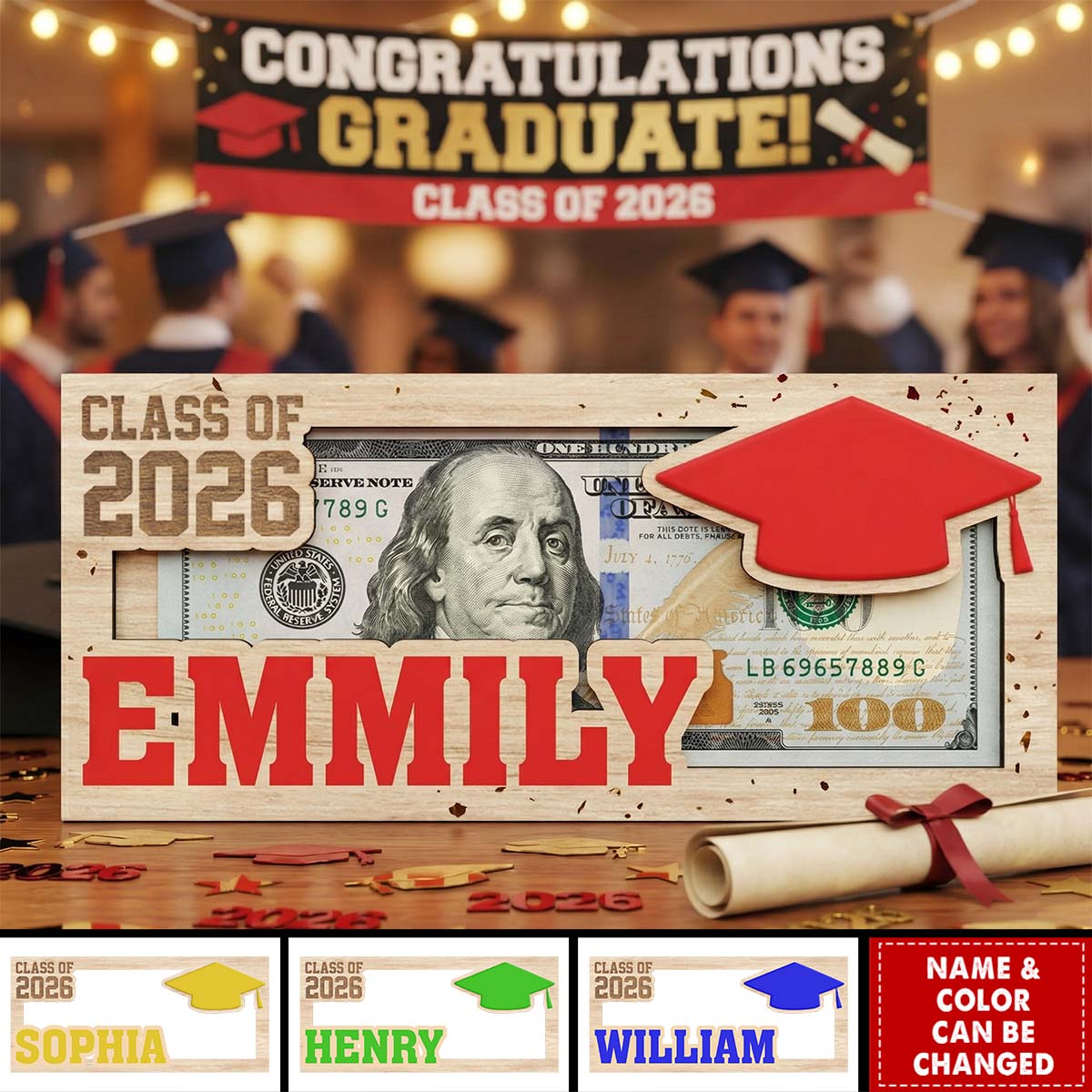 Custom Graduation Wood Money Holder With Name | Gift For Class Of 2026