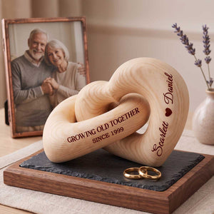 Growing Old Together - Personalized Interlocking Couple Wooden Hearts Sculpture