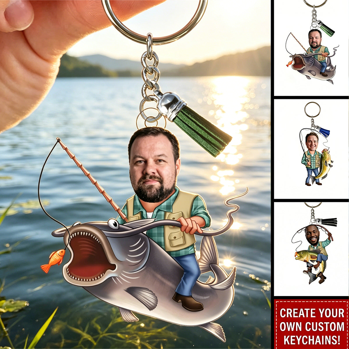 Personalized Face Photo Fishing Design Acrylic Keychain With Tassel | Father's Day Gift For Dad Grandpa