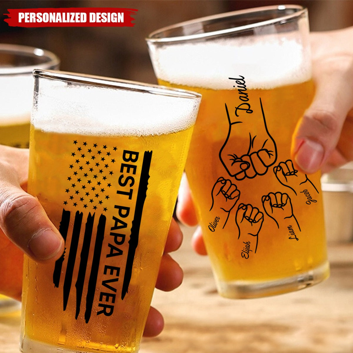 Personalized "Best Dad Papa Grandpa Ever" Beer Glass -Fist Outline Flag Pattern, Custom Name Picture, Birthday, Christmas, Anniversary Gift For Him