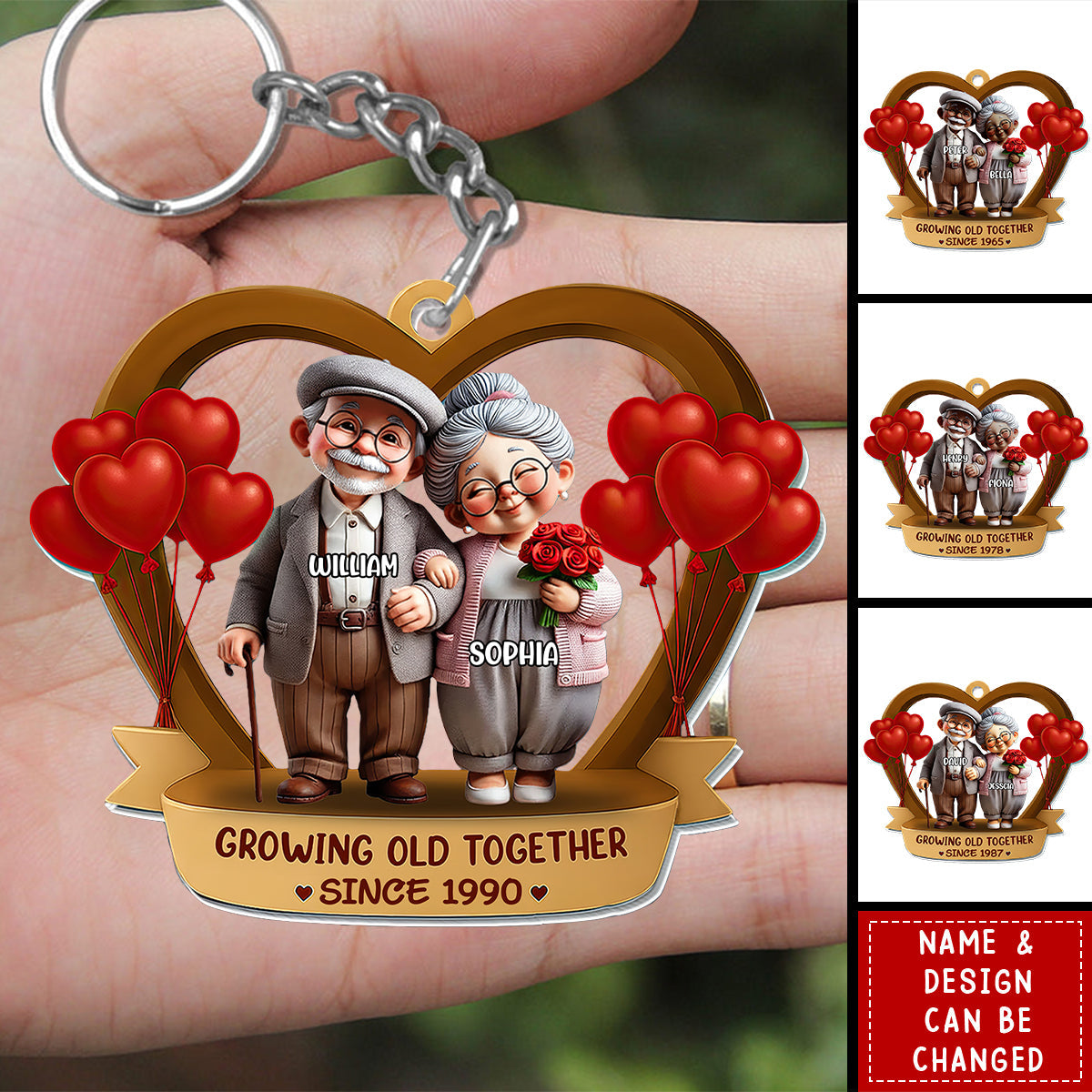 Personalized 3D Effect Hugging Elderly Couple Keyring With Name - Birthday Surprise Valentine's Day Gift For Nana & Papa