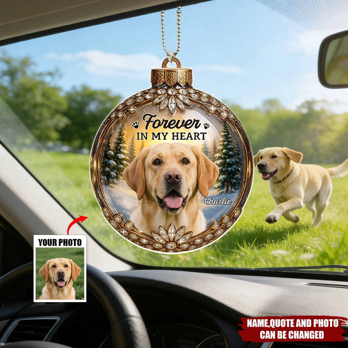 Personalized "Forever In My Heart" Car Ornament With Pet Photo & Name & Quote | Heartfelt Dog Memorial Sympathy Gift For Grieving Pet Owners