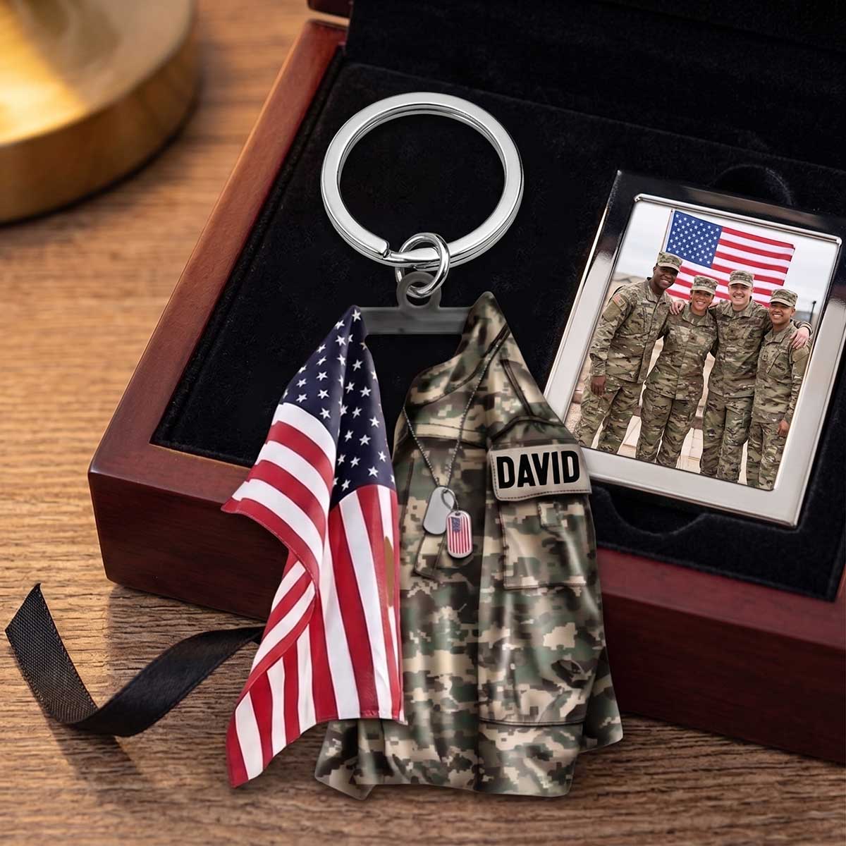 Personalized Military Uniform American Flag Acrylic Keychain | Gift For Veteran Soldier Military Family